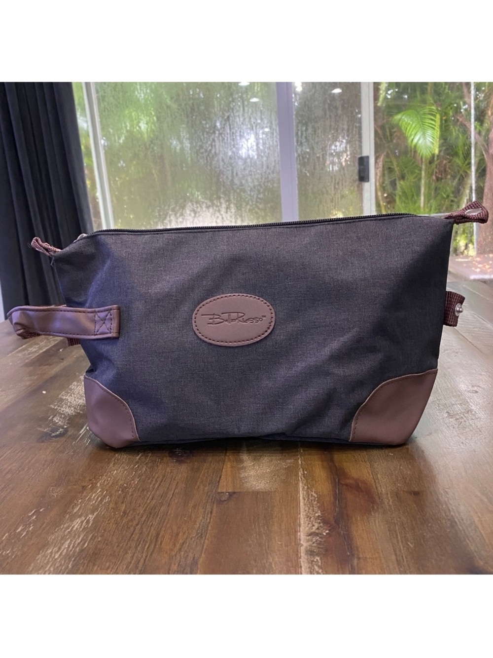 Bella Russo gray and brown canvas small toiletry zip up travel bag NEW
